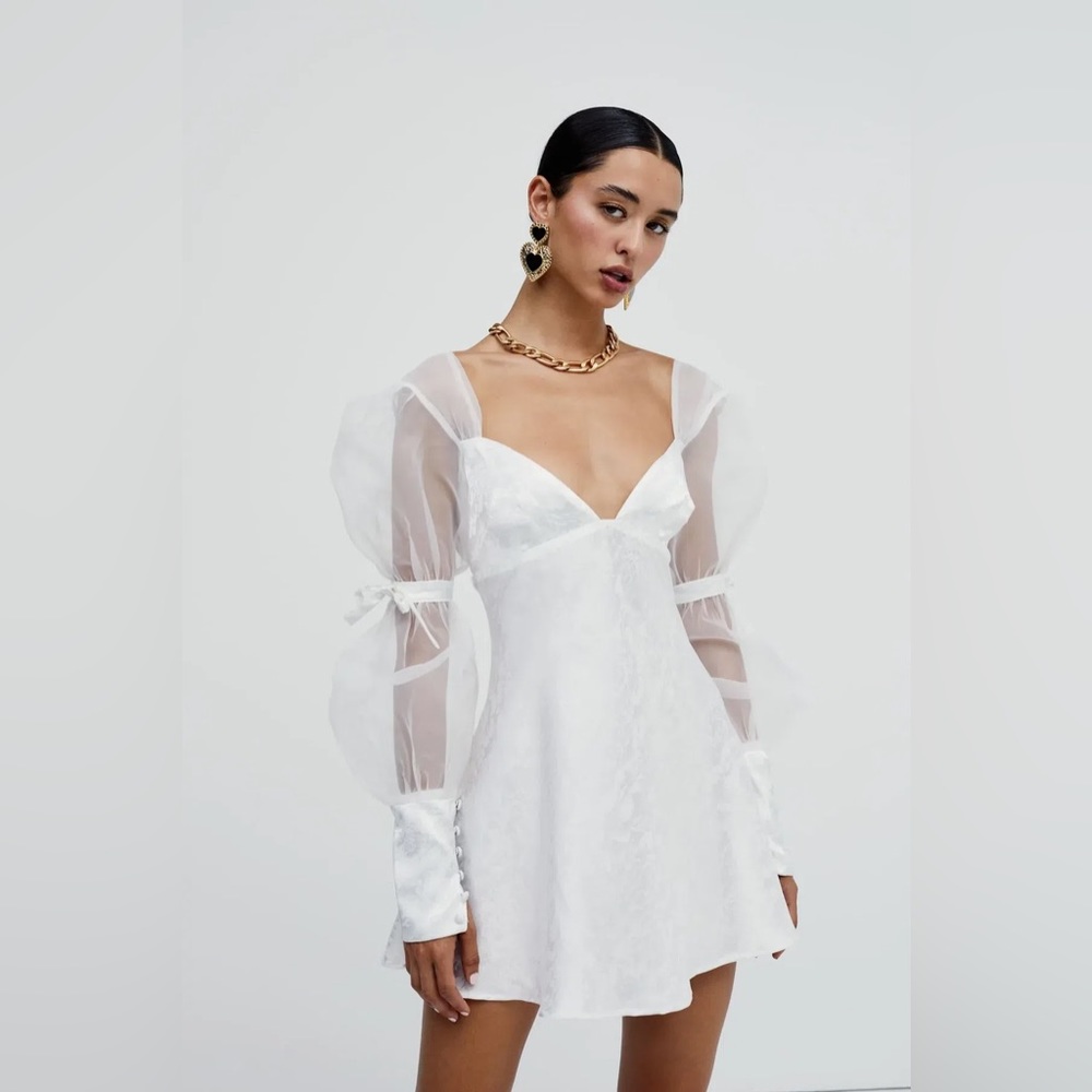 For Love & Lemons Gabrielle White Jacquard Sheer Puff Sleeve Mini Dress Small